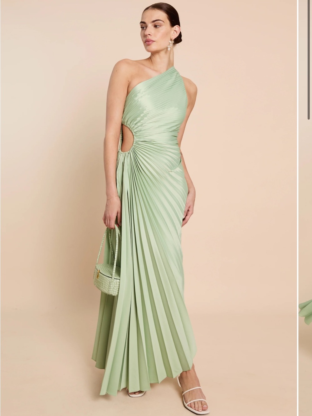 FEW MODA - One-Shoulder Sage Green Pleated Maxi Dress